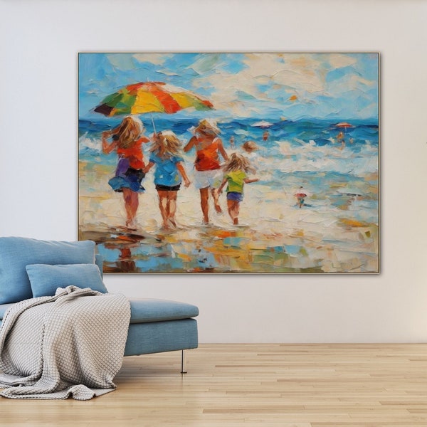 Kids Playing at Beach Contemporary Original Art, Custom Abstract Extra Large Texture Painting, Hand Painted Thick Beach Joy Modern Wall Art