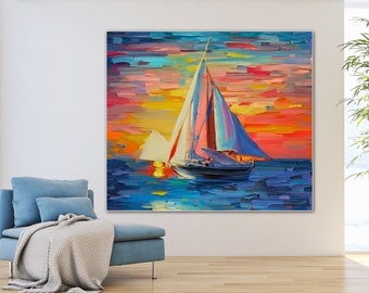 Bateau à voile, lever du soleil, océan plage, art original, grands bateaux, peinture acrylique, art mural 3D texturé épais peint à la main, oeuvre de décoration d'intérieur