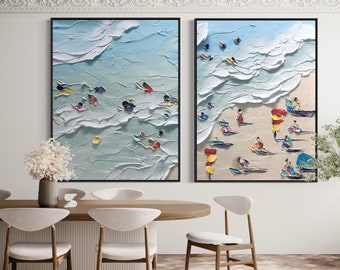 2er Set Übergröße Strand Freude Ozean Kunst, Extra Große Küsten Kunst, Acryl Strand Malerei, Handgemalte Ozean Dicke Textur Moderne Wandkunst