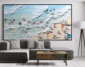 Summer Joy Family Beach Painting, Coastal Hampton Overhead View 3D Texture Surf Art, Happy Holiday Vacation Swimming Art, Australian Artwork