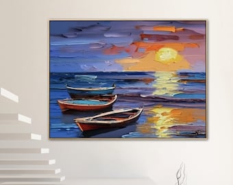 Lever du soleil sur l'océan plage, art abstrait, original moderne, grands bateaux, peinture acrylique, art mural 3D texturé épais peint à la main, oeuvre de décoration d'intérieur