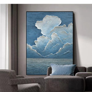 Blue Sky White Clouds and Ocean Art, Extra Large Coastal Beach Art, Acrylic Beach Painting, Hand Painted Ocean Thick Texture Modern Wall Art