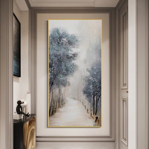 In the Misty Forest Path, Abstract Oversize Grey Art, Large Vertical Painting, Hand Painted Abstract Heavy Texture Modern Nature Wall Art