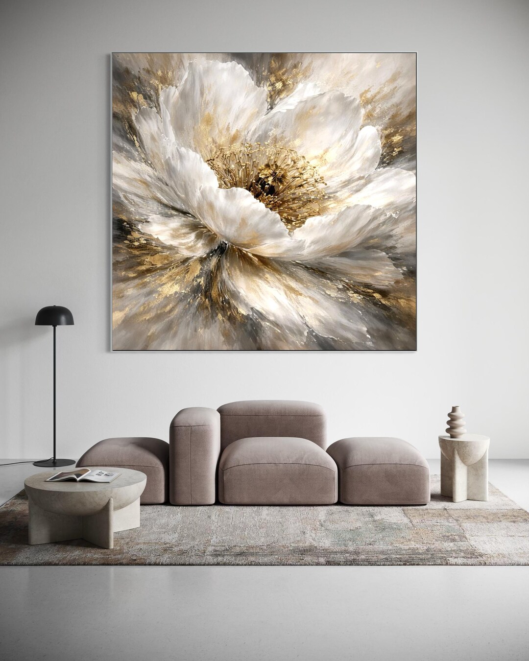 Large White Flower Wall Art, Gold Abstract Floral Canvas, Statement ...