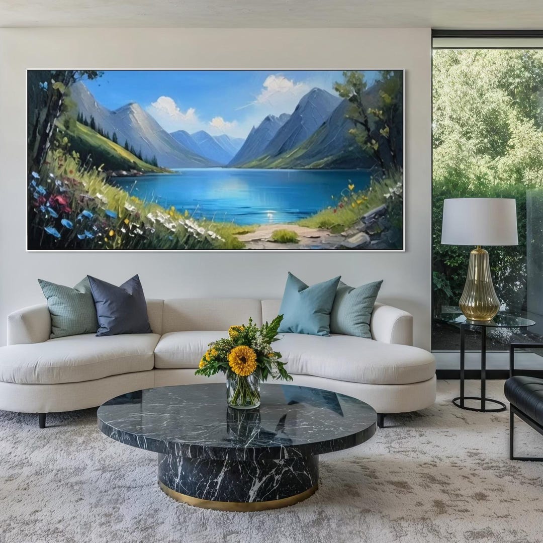 Blue Lake Landscape Painting, Abstract Mountain Oil Art on Canvas - Etsy