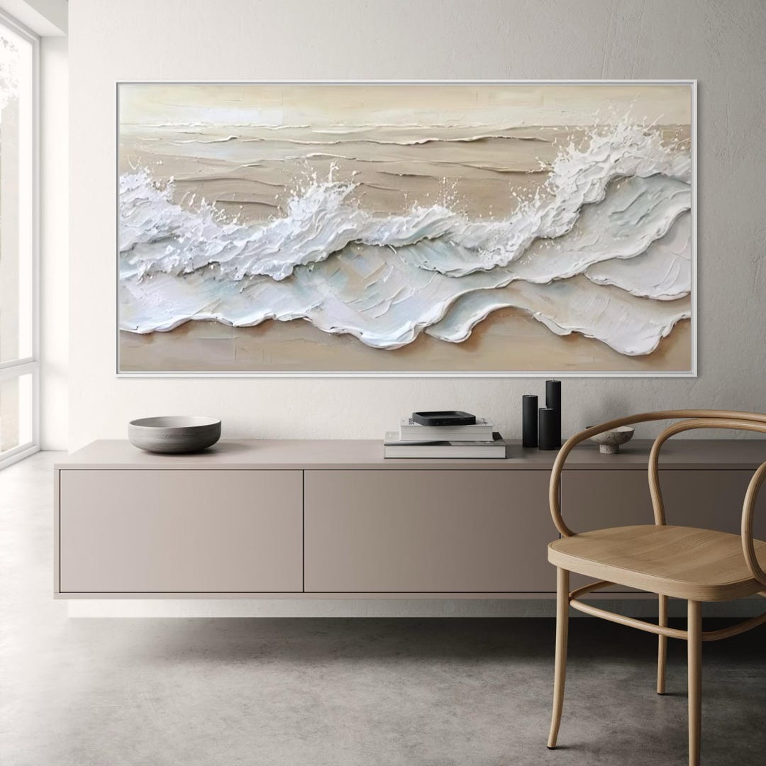 T 3D Textured Beach Coastal Wall Painting White Beige Ocean Waves ...