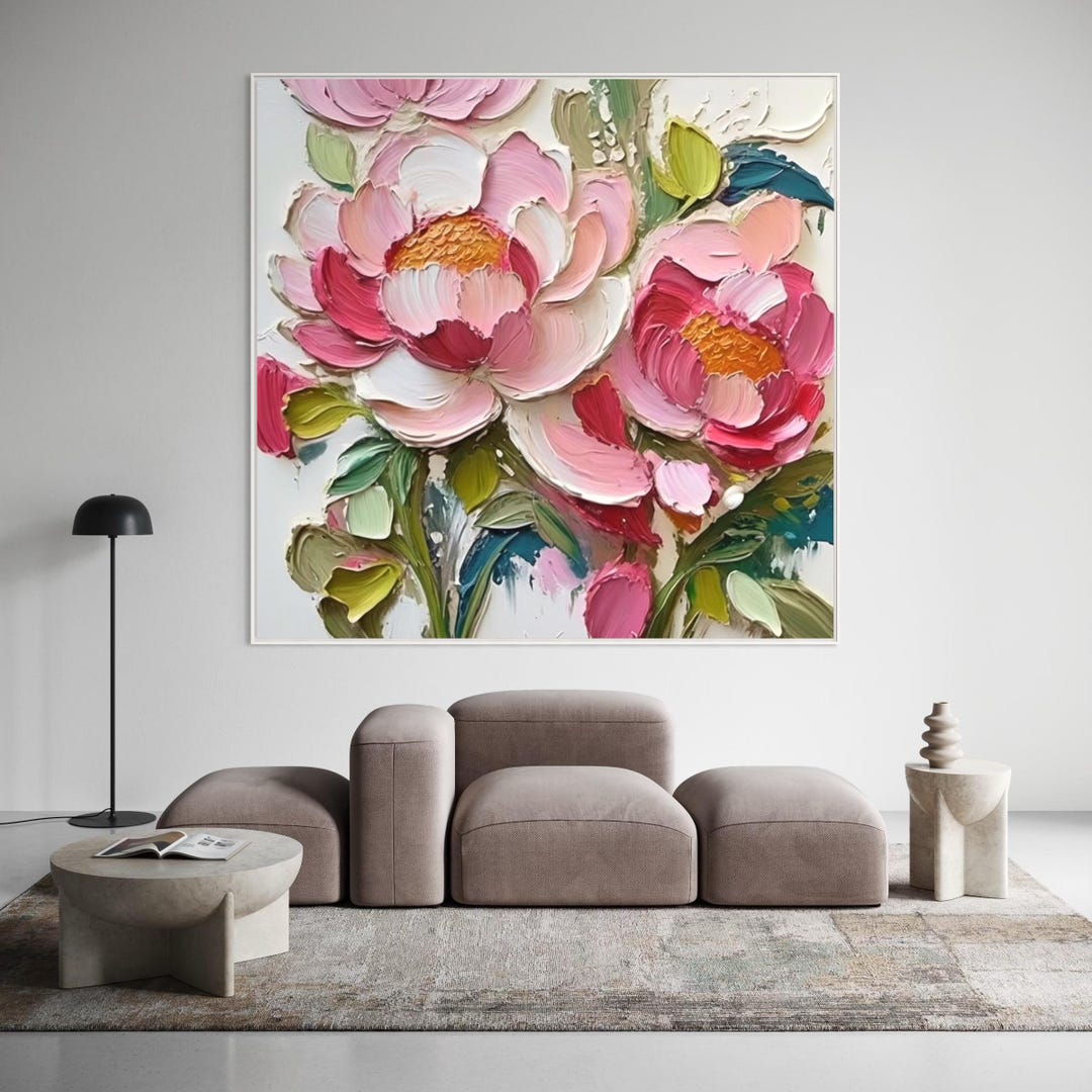T Large Pink Peony Wall Painting Pinky Green Floral Canvas Textured ...