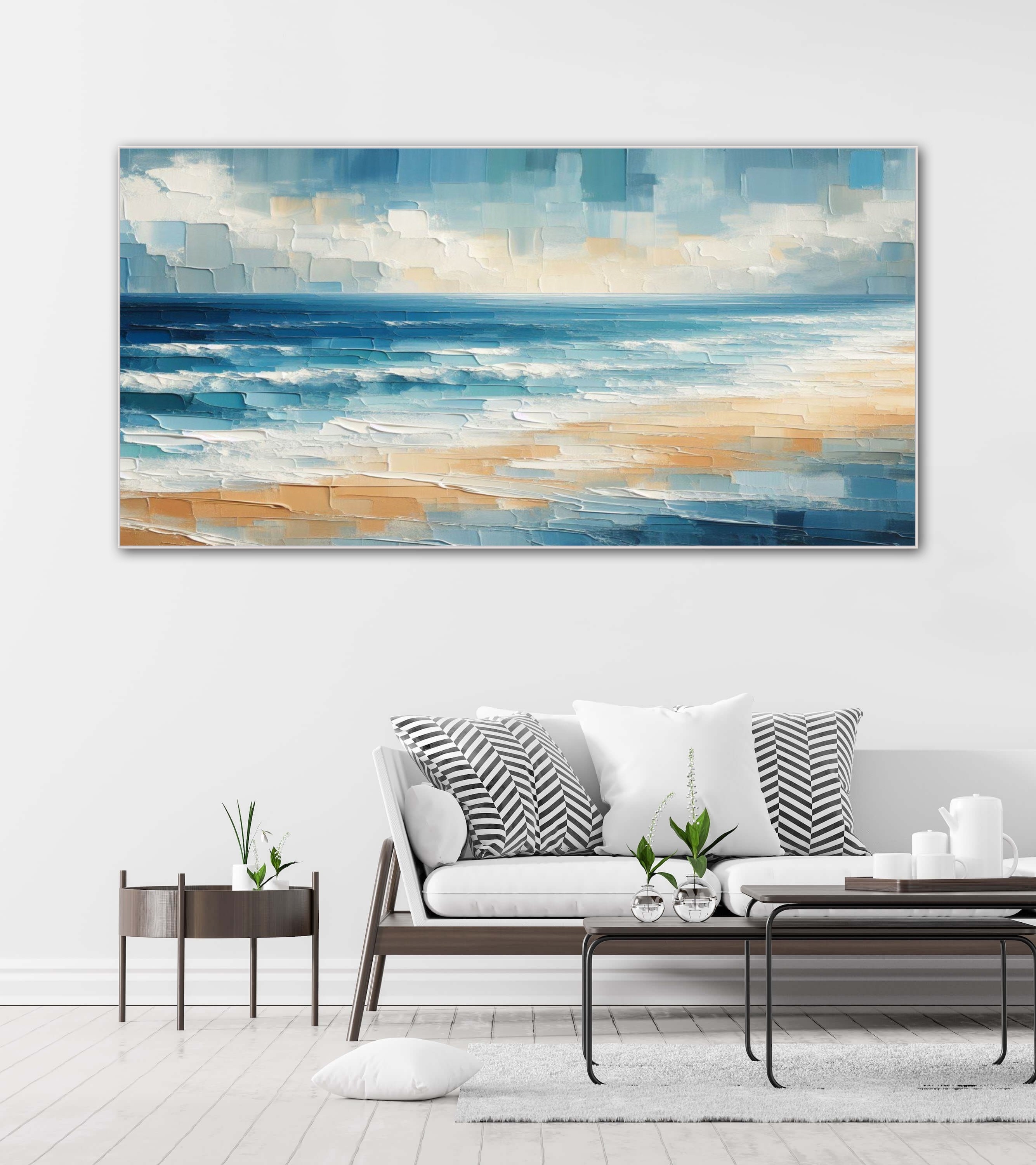 Landscape Blue Beige Beach Wall Art, Oversized Ocean Modern Wall Decor ...