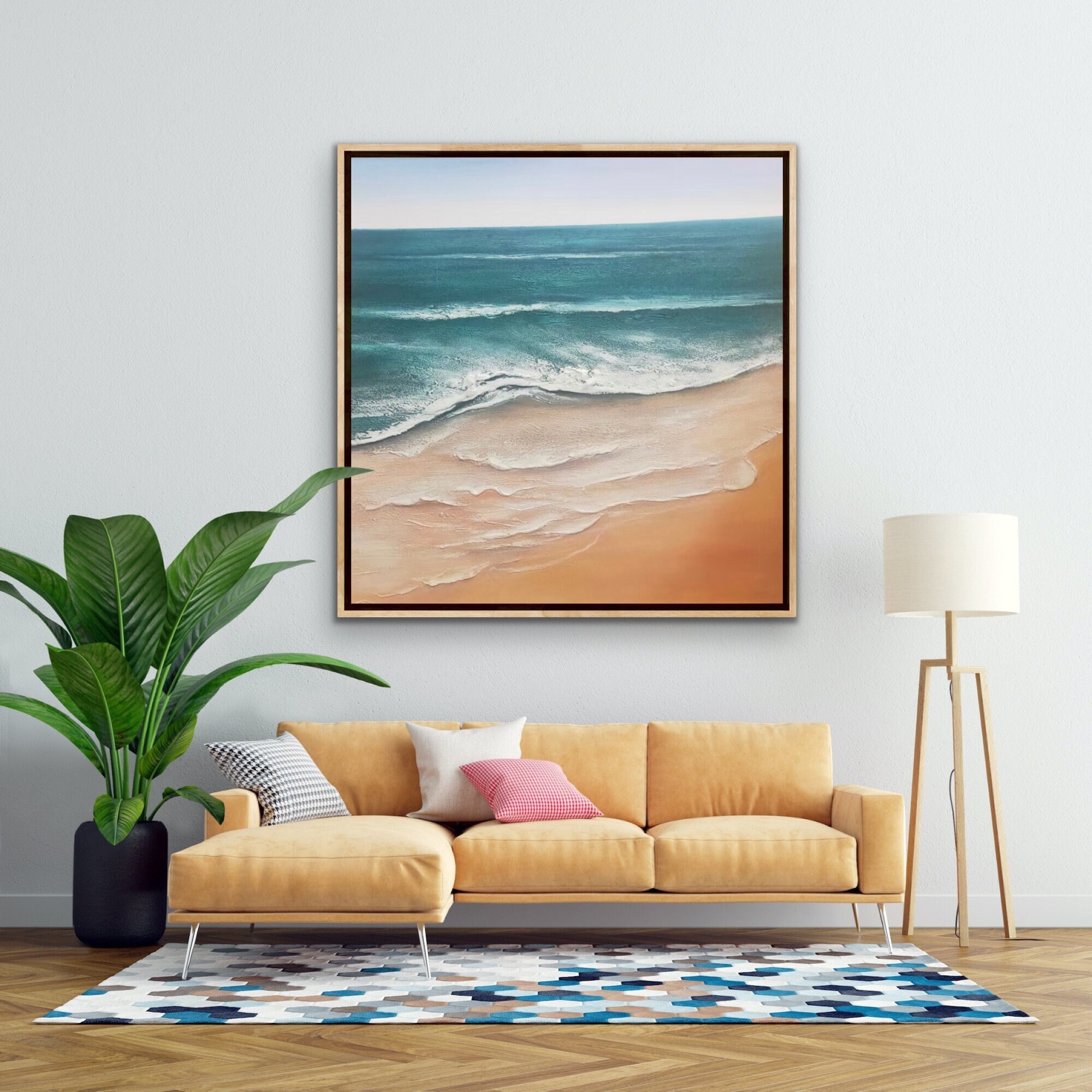 Plain Sandy Beach with Crashing Waves, Oversize Original Extra Large Knife Palette Painting, Hand Painted Thick Texture Modern Wall Art