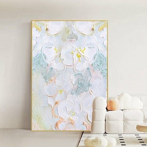Textured Abstract Painting: Light Pastel Blue, White, and Gold Wall Art
