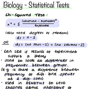 Op de afbeelding: Een handgeschreven pagina met de titel "Biologie - Statistische Tests". De tekst legt de Chi-kwadraattoets uit, inclusief de formule en de toepassing ervan in de genetica en experimenten. De tekst is in zwarte inkt met enkele gemarkeerde secties.