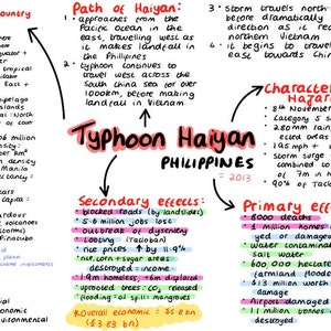 Op de afbeelding: Een handgeschreven diagram over tyfoon Haiyan, die de Filipijnen in 2013 trof. Het diagram toont het pad van de storm, de kenmerken ervan en de primaire en secundaire effecten van de tyfoon. Het diagram bevat tekst over de impact van de storm op het land, inclusief sterfgevallen, verwoeste huizen en economische verliezen.