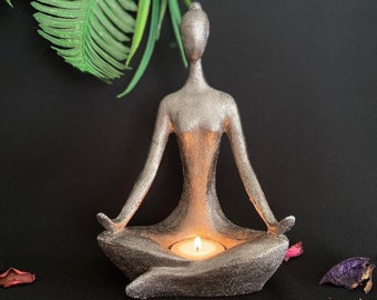 Silver Yoga Pose Statue Tealight Candle Holder, Woman Yoga Figurine, Modern Yoga Sculpture,  Meditation Yoga Figurine