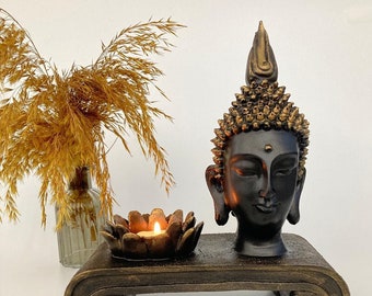 Der Schwarz und Gold Perlmutt Buddha Teelicht Kerzenhalter, Buddha Kopf Statue mit Lotus Teelicht Halter