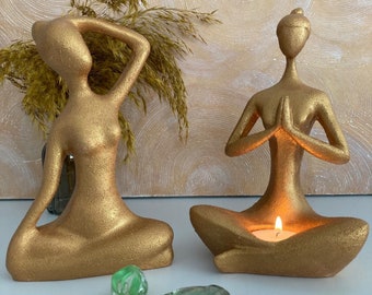 Gold  Two Piece Set Of  Famale Yoga Statues ,  Tealight Candle Holder With Yoga Figurines, Lady In Butterfly Yoga Pose  Statues