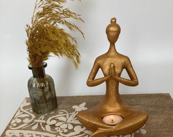 Gold Yoga Pose Statue, Woman Yoga Figurine, Modern Yoga Sculpture , Tealight Candle Holder,  Meditation Yoga Figurine