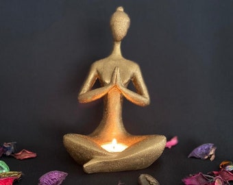 Antique Gold Yoga Pose Statue, Woman Yoga Figurine, Modern Yoga Sculpture , Tealight Candle Holder,  Meditation Yoga Figurine
