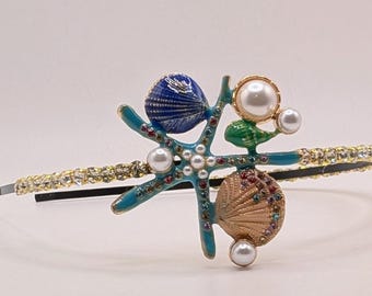 Mermaid-Inspired Headband with Shells, Starfish & Crystals