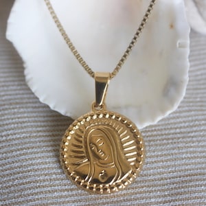 Virgin Mary Necklace Blessed Mother Mary Madonna Medallion Pendant Gold Circle Round Religious First Communion Baptism Protective Jewelry