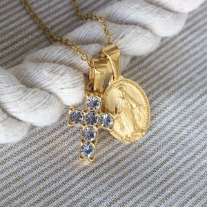 Small Diamond Cross and Virgin Mary Protection Necklace Dainty Religious Baptism Catholic Blessed Mother Mary Gold Cross Miraculous Medal