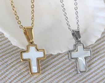 Colgante de cruz de nácar: collar de acero inoxidable en oro de 18 quilates