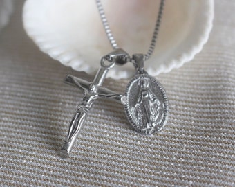 Miraculous Medal Virgin Mary Necklace Catholic Gifts for Women Mens Silver Gold Cross Necklace Crucifix Protection Necklace Baptism Gift