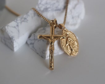 Miraculous Medal Virgin Mary Necklace Catholic Gifts for Women Mens Gold Cross Necklace Crucifix Antique Protection Necklace Baptism Gift