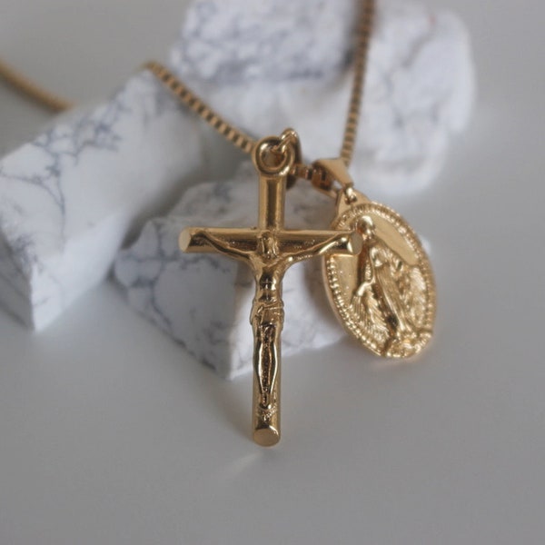 Médaille Miraculeuse Vierge Marie Collier Catholique Cadeaux pour Femmes Hommes Croix d’Or Collier Crucifix Antique Protection Collier Baptême Cadeau