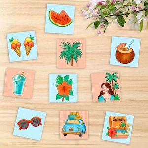 Stickers été tropical – Lot de 10 autocollants colorés ambiance vacances - 5,5cm/5x5cm