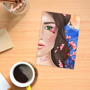Tarjeta con retrato femenino y flor de cerezo 13x18cm – Ilustración femenina primavera sakura – Tarjeta artística impresa