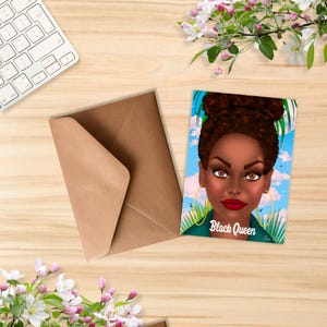 Zwarte Koningin Zwarte Vrouw Portretkaart – Digitale Illustratie 13x18 cm – Afro Kunst voor Krachtige en Vrouwelijke Wanddecoratie
