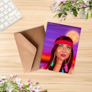 Portrait féminin mystique – Ambiance coucher de soleil et pleine lune – Déco intérieure spirituelle - 13x18cm