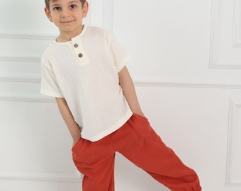 Pantalon en mousseline de coton pour tout-petits, pantalon en lin à taille élastique pour garçons et filles, pantalons de sport pour enfants