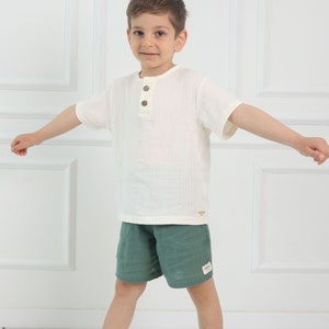 Boys Muslin Fabric Khaki Short Set - 100% Organic Cotton