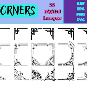 May include: A set of 22 digital corner designs in black and white. The corners are in various styles, including simple, ornate, and geometric. The designs are perfect for adding a decorative touch to your projects.