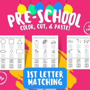 Printable Color, Cut, and Paste Activity ages 3-5 | PDF Download | 1st Letter Match | 10 Pages