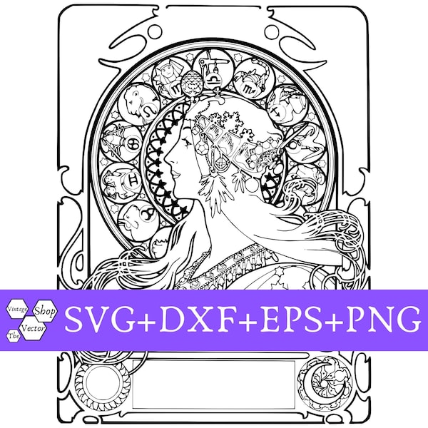 ART NOUVEAU, MUCHA, Svg+Dxf+Eps+Png in a .zip file, Instant download.