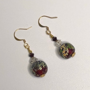 Dark Red Lamp Work Bead with Swarovsky Crystal Earrings