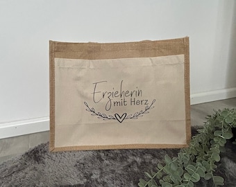 Jutetasche | Erzieherin | Erzieherin mit Herz | Geschenktasche für Erzieherin