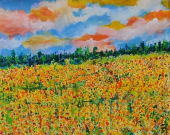 Flowers Painting | Vastu, Feng Shui Art | Nature Landscape | Handmade Acrylic Painting | Impressionist Art | Sunrise Painting