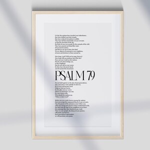 May include: Black and white printable wall art featuring Psalm 79 from the Bible. The text is centred on a white background with a simple black frame.