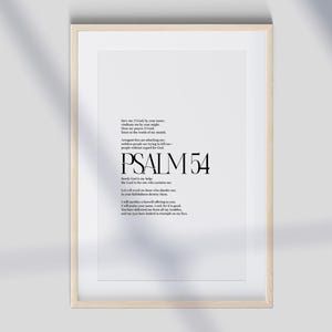 May include: Black and white printable wall art featuring Psalm 54 from the Bible. The text is centered on a white background with a black border.