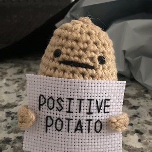 May include: A crocheted potato toy holding a sign that says "Positive Potato".