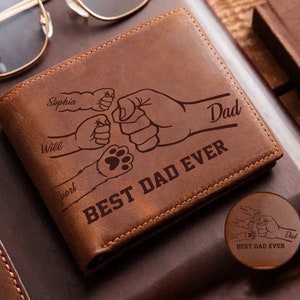 Custom Fist Bump Dad Kids Pet Leather Wallet, Father's Day Gift, Gift for Dad, Leather Wallet Gift For Papa, Family Name Male Leather Wallet