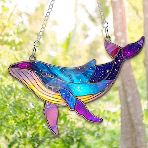 Ocean Whale Acrylic Window Hanging, Galaxy Whale Suncatcher, Blue Whale Window Hanging, Beach and Sea Decor, Gift for Ocean Lovers