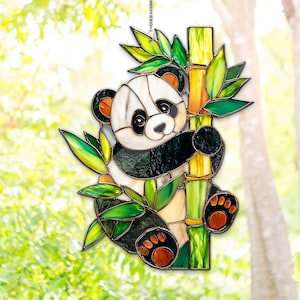 Panda Bamboo Acrylic Window Hanging, Panda Bear Home Decor, Panda Lover Window Hanging Art, Birthday Gift For Him, Animal Lover Decor