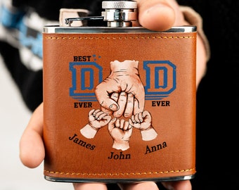 Custom Fist Bump Dad Kids Leather Flask, Father's Day Gift For Best Dad, Leather Hip Flask Gift For Papa, Family Name Male Leather Flask
