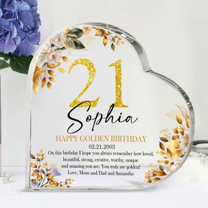 Personalisierte goldene Geburtstags-Herz-Acrylplakette, goldene Geburtstagsgeschenke, Geburtstagsgeschenke, Geburtstags-Andenken, Geburtstagsgeschenk für Freunde