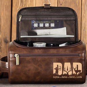 Trousse de toilette en cuir personnalisée avec prénoms pour papa et enfants, cadeau personnalisé pour la fête des pères, cadeau trousse de toilette pour papa chasseur, cadeau papa/grand-père chasseur