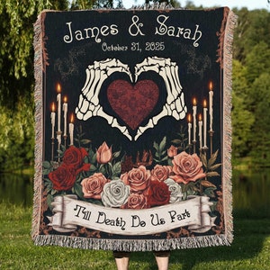 Personalized Cottagecore Skeleton Couple Til Death Do Us Part Blanket , Goth Anniversary Wedding Gift Tapestry Woven Throw, Valentines Gift